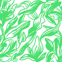 Vector background with green leaves.Hand drawn of foliage. Leaf of tropical plant. - 514184408