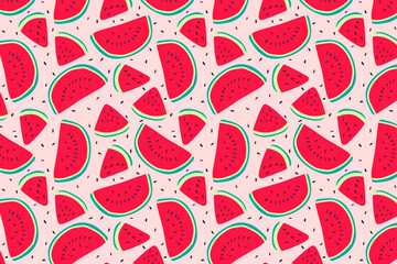 Vector hand drawn watermelons pattern horizontal background. Cute summer fresh fruits print. Watermelon red slices and seeds repeat texture on pink background for wallpaper, design, decor.