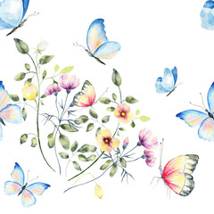 Hand drawn watercolor seamless pattern of bright colorful realistic butterflies and flowers .Mixed media