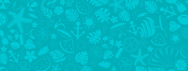 Fototapeta na wymiar Background of various items related to summer holidays at sea, in light blue colors