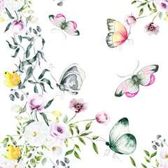 Hand drawn watercolor seamless pattern of bright colorful realistic butterflies and flowers .Mixed media