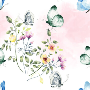 Hand drawn watercolor seamless pattern of bright colorful realistic butterflies and flowers .Mixed media