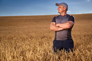 Naklejka na ściany i meble Happy farmer in a wheat field