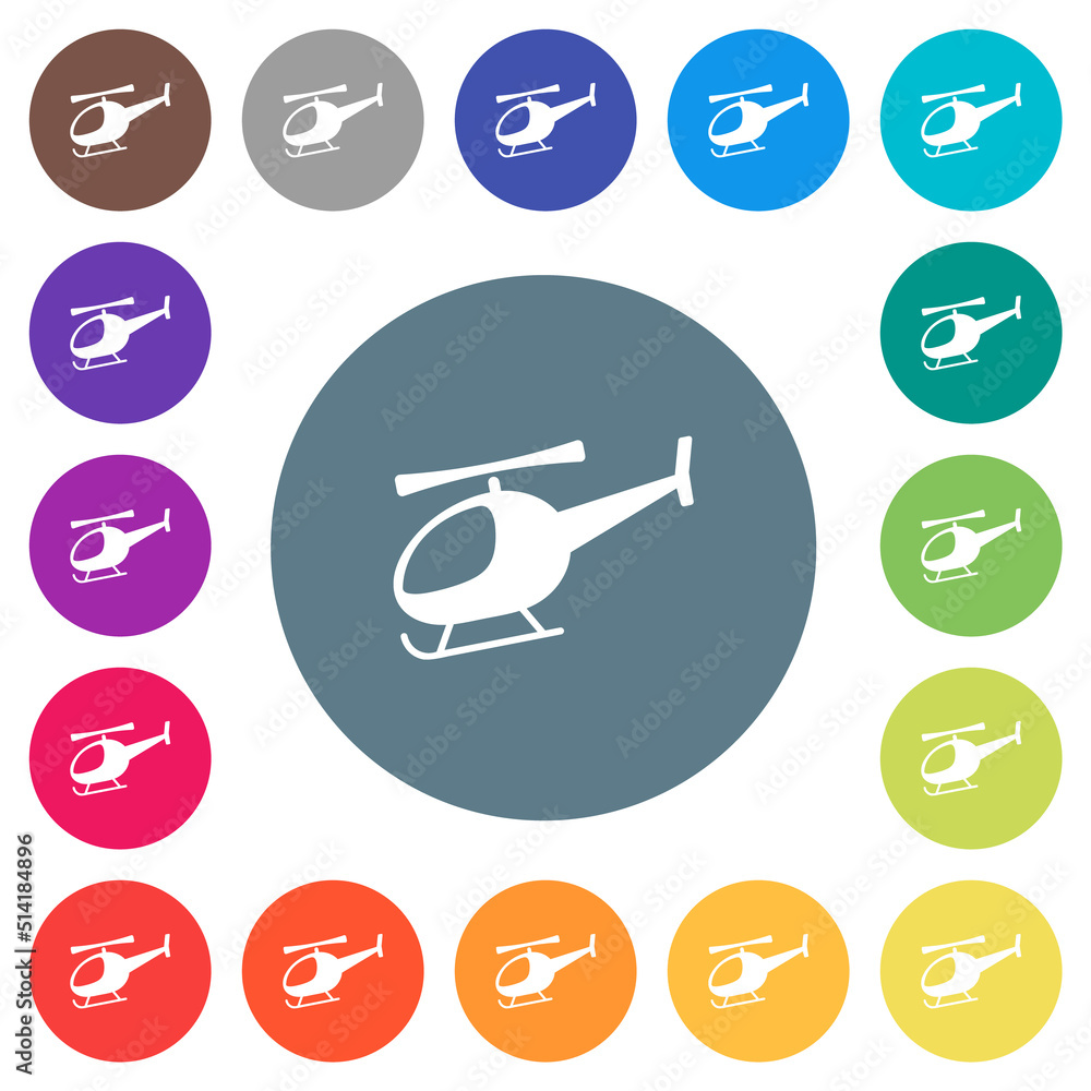 Poster Helicopter silhouette flat white icons on round color backgrounds