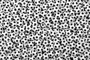 Many black and white soccer balls background. 3d illustration