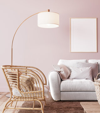 Bright living room design in pink colors, Frame mock up with rattan armchair and white sofa in home interior background, 3d render