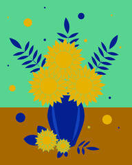Fototapeta na wymiar Postcard bouquet of sunflowers and leaves in blue vase for flowers on light background. Vector illustration. Vector illustration
