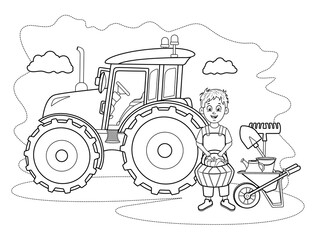 Coloring page. Farmer with vegetable basket, tractor, wheelbarrow and farm tools