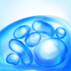 Illustration with beautiful realistic air bubbles with bright glare, floating in water or other liquid, in light blue color