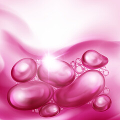 Illustration with beautiful realistic air bubbles with bright glare, floating in water or other liquid, in crimson color