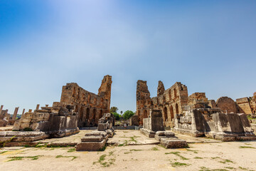 Ruins of ancient Byzantine basilica, the early-Roman Christian church, preserved in Perge, Antalya,...