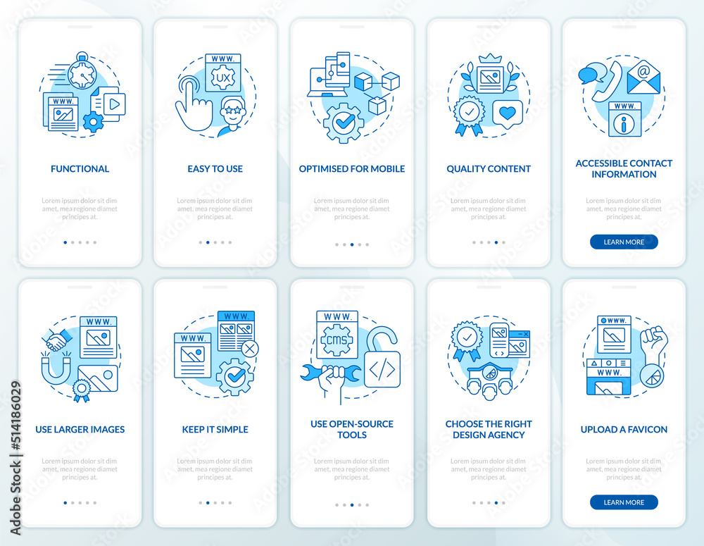 Wall mural what makes website effective blue onboarding mobile app screen set. walkthrough 5 steps editable ins