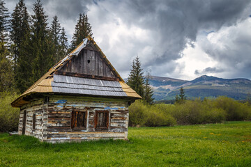 The Chamkova Barn, wooden house on the meadow below the Kralova Hola hill, central Slovakia, Europe. © Viliam