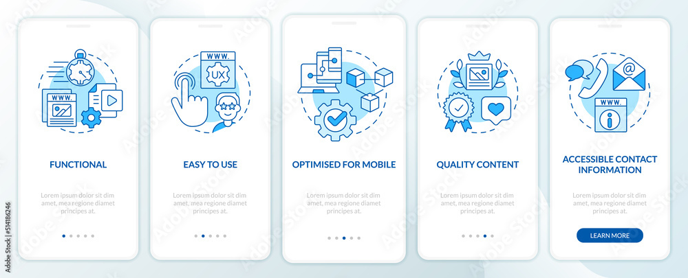 Poster important things in website blue onboarding mobile app screen. walkthrough 5 steps editable graphic 