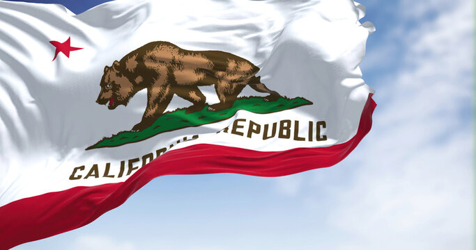 Close-up view of the California flag waving