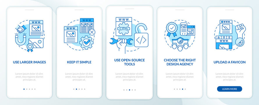 Creating professional website blue onboarding mobile app screen. Walkthrough 5 steps editable graphic instructions with linear concepts. UI, UX, GUI template. Myriad Pro-Bold, Regular fonts used