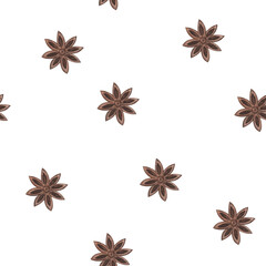 Watercolor seamless pattern from hand painted illustration of brown anise star, badian spice. Ingredient for baking, cooking food. Print on white background for fabric textile, packaging paper