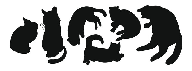 Minimalist vector illustration with cats. Silhouettes of cats in black color. Depiction of pets. Set with animals.