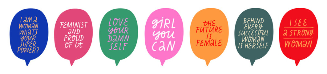 Colorful vector set of hand drawn lettering about feminism. Inspirational quotes in speech bubbles. Hand drawn inscriptions. - 514187207