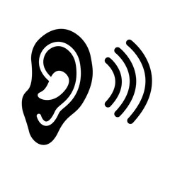 Illustration of Behind-the-ear hearing aid Ear wearing deaf-aid. Deaf problem or hearing loss. Universal access icon, deaf icon, hard of hearing icon, sound icon, deaf icon, ear icon, hearing icon