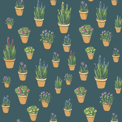 Bright cute seamless pattern with colored flowerpots, flowers, pots, potted plants. Endless texture with hand drawn silhouette on jade background for wallpaper decor.