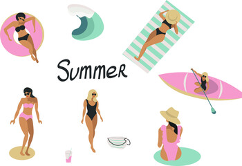 Set of summer, vacation girls, women on the bech, sea, travel. Concept for logo, print, cards, textile
