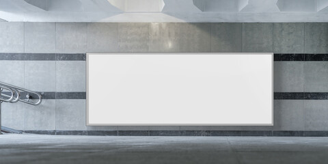Big horizontal empty white banner with mock up space fixed on wall of subway passage - obrazy, fototapety, plakaty