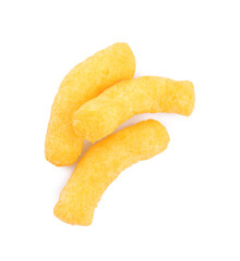 Tasty cheesy corn puffs isolated on white, top view