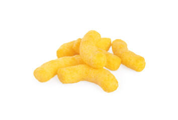 Many tasty cheesy corn puffs isolated on white