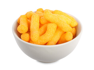 Many tasty cheesy corn puffs in bowl isolated on white