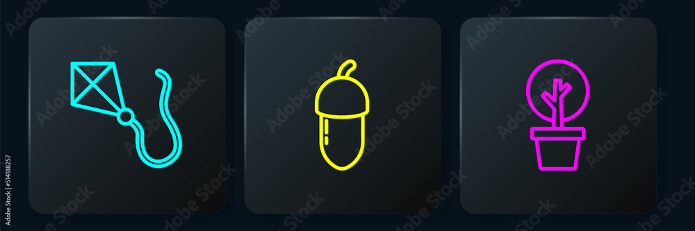 Poster set line kite, forest and acorn. black square button. vector