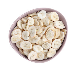 Freeze dried bananas in bowl on white background, top view