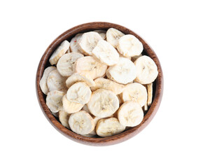 Freeze dried bananas in bowl on white background, top view
