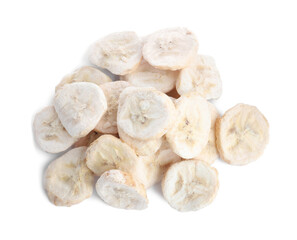 Pile of freeze dried bananas on white background, top view