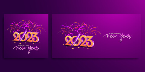 Happy new year 2023 with 3D number and rocket firework on purple background
