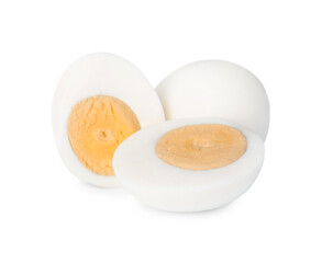 Fresh peeled hard boiled eggs on white background