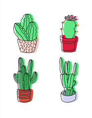 Vector illustration set with cactuses. Depiction of potted green plants. Houseplants. Cacti, succulent.
