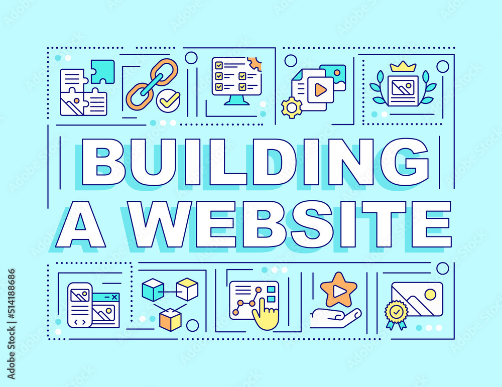 Poster building website word concepts cyan banner. planning structure, content. infographics with editable 