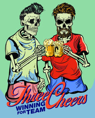 Illustration of  cheering skeletons, holding beer mugs, wearing tee shirts at shorts.