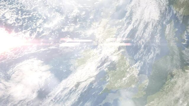 Earth zoom in from outer space to city. Zooming on Ballymena, United Kingdom. The animation continues by zoom out through clouds and atmosphere into space. Images from NASA