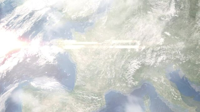 Earth zoom in from outer space to city. Zooming on Bourges, France. The animation continues by zoom out through clouds and atmosphere into space. Images from NASA