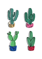 Collection of cactuses in colorful pots. Depiction of green houseplants. Succulent, cacti, nature.