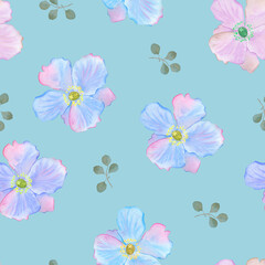 Blue poppy flowers and eucalyptus twigs seamless watercolor pattern. Hand drawn summer endless background. For textiles and wallpapers.	