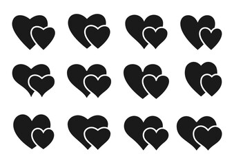 Hearts icons set. Flat double black elements wich text greeting wedding card. Romantic holiday symbol love Valentine Day. Heart decorative graphic design shape isolated vector illustration
