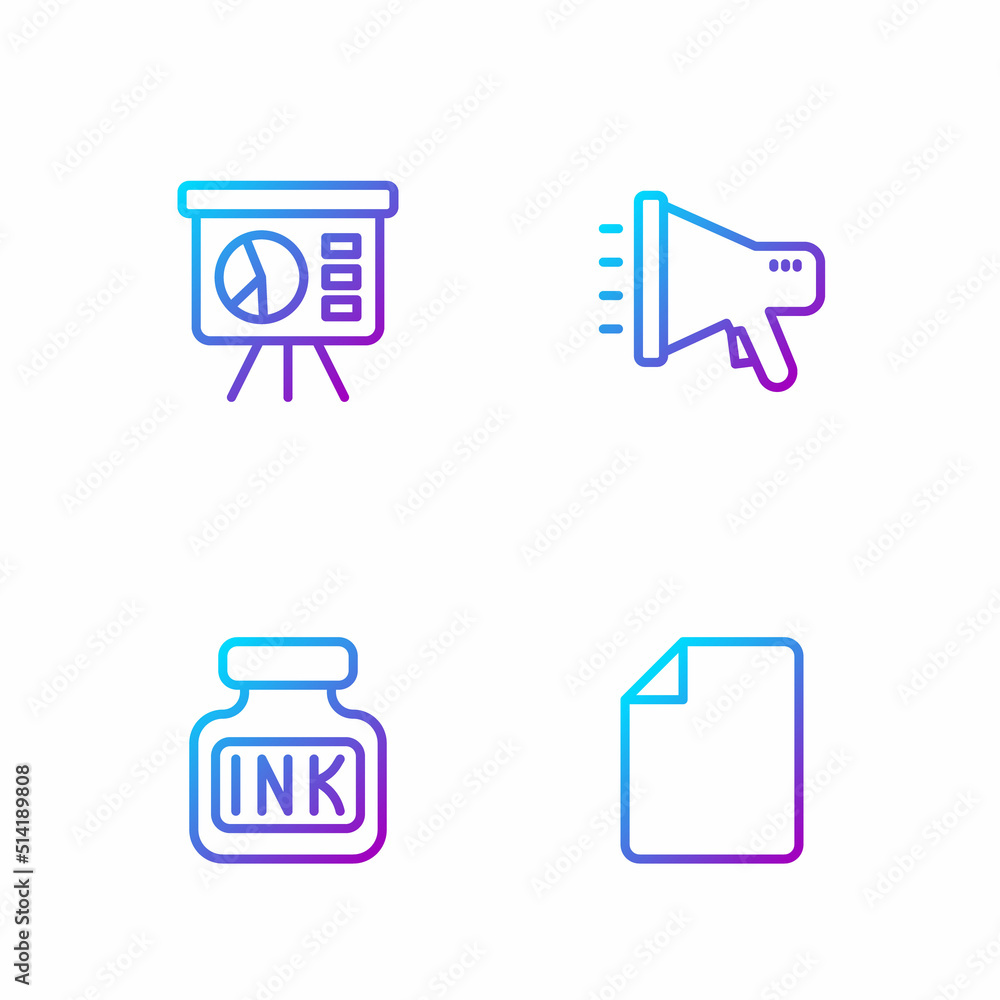 Poster set line file document, inkwell, board with graph and megaphone. gradient color icons. vector