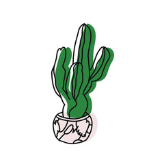 Minimalist vector drawing of cactus in pot with abstract ornament. Potted plant. Botanical illustration. Succulent, cacti. Nature.