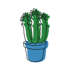 Minimalist vector drawing of cactus in blue pot. Depiction of potted plant. Botanical illustration. Succulent, cacti. Nature.