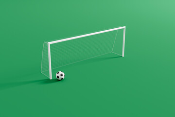 Green football courts with soccer ball and goal post, minimalist composition. 3d illustration - Powered by Adobe