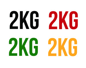 2kg text. Vector with value in kilograms black, red, green and orange on white background.
