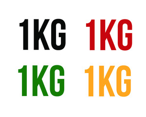 1kg text. Vector with value in kilograms black, red, green and orange on white background.